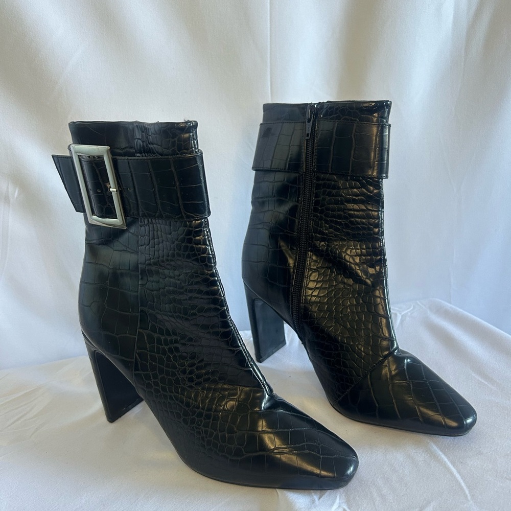 Black Croc-Embossed Ankle Boots